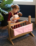 Amish-Made Wooden Deluxe Doll Swinging Cradle with Bedding