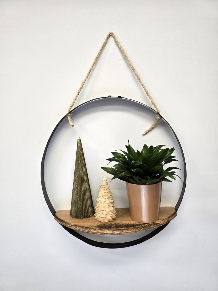 Rustic Reclaimed Barrel Ring Hanging Wall Shelf, Amish-Made