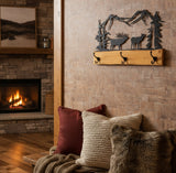 Rustic Coat Rack With 3 Hooks - Pine Wood Coat Hanger with Wilderness Metal Art Silhouette