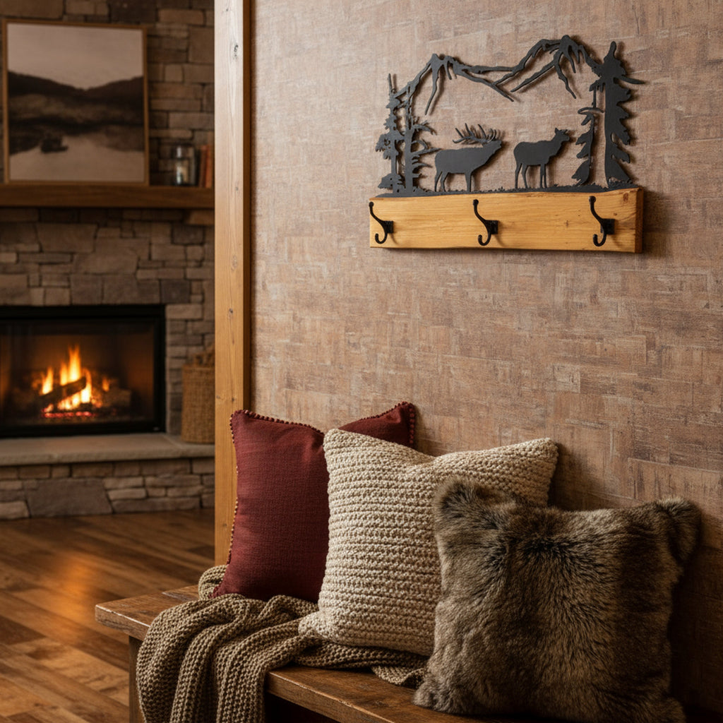 Rustic Coat Rack With 3 Hooks - Pine Wood Coat Hanger with Wilderness Metal Art Silhouette