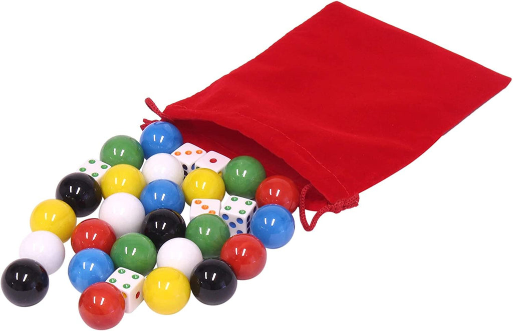 Game Bag of 28 Extra-Large Glass Marbles (1" Diameter) and 6 Dice for Aggravation Game